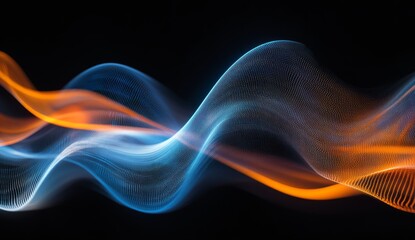 Obraz premium Abstract blue and orange wavy lines on a black background, an AI art concept. The image is a close-up of two intertwined waves made from light blue and dark orange colors.