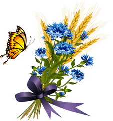Bouquet with ears of corn and flowers.Vector illustration with a bouquet of ears of corn and cornflowers with a colored bow on a transparent background with a butterfly.