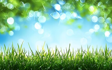 Fototapeta premium Vibrant Green Grass and Blue Sky Nature Background