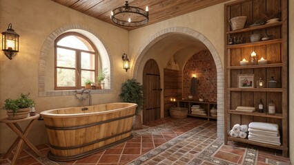 A warm, earthy-toned bathroom with a handcrafted cedar bathtub, terracotta tiles, arched alcove shelving, and soft lantern-style lighting for a rustic European feel.