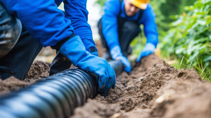 Close-up of workers in blue uniforms and gloves laying down a black pipe in the ground, part of a construction project.