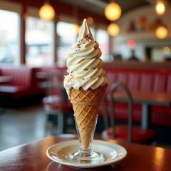 ice cream cone white plate wooden table restaurant cone waffle cones has scoop vanilla ice cream top ice cream topped generous dollop whipped cream sprinkled red sprinkles background blurred appears