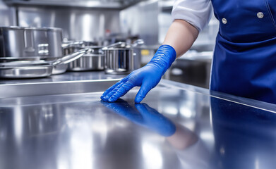 A worker wearing blue gloves sanitizes a stainless steel counter in a professional kitchen.
