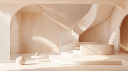 Fototapeta premium Minimalist Architectural Interior with Spiral Staircase and Soft Lighting