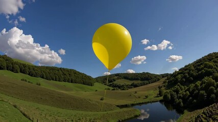 Yellow balloon floating over green hills under blue sky with fluffy clouds - Powered by Adobe