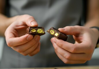 Fototapeta premium Hands holding a chocolate bar filled with pistachios, showcasing its delicious interior