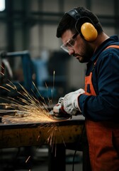 Worker grinding metal with sparks flying in a workshop environment