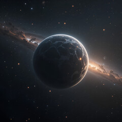 Fototapeta premium A hyper-realistic image of a rogue planet drifting through interstellar darkness, illuminated only by the soft glow of distant galaxies.
