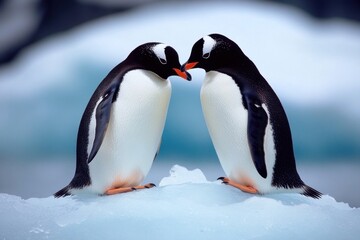 Obraz premium Two penguins are touching beaks on a cold ice surface