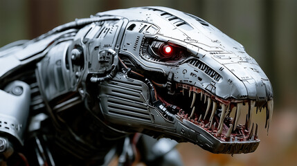 A hyper realistic robotic dinosaur with metallic plating, sharp fangs, and a glowing red eye snarls menacingly in a forest. Its sleek, menacing design suggests lethal precision.