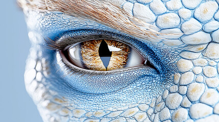 A hyper detailed close-up of a reptilian eye with vertical slit pupil, surrounded by textured blue and white scales. Realistic, alien, and animal features merge seamlessly.