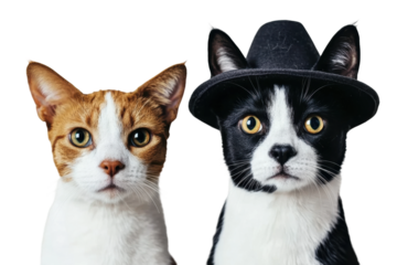 Two adorable cats: one in a hat, one plain, expressive faces, cut out