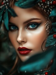 Fototapeta premium A woman with blue eyes and red lips is surrounded by green leaves