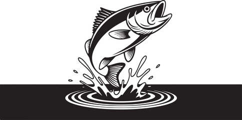 Jumping Bass Fish silhouette Black and White Illustration, Fishing Logo, Sport Fishing Clipart, vector