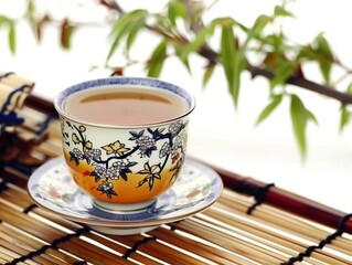 A cup of tea is sitting on a saucer on a bamboo tray