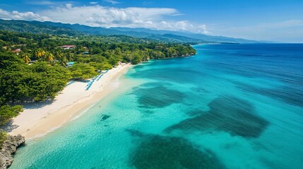 Idyllic Tropical Beach: White Sands, Turquoise Waters, and Lush Greenery