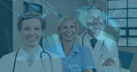 Medical professionals smiling with digital data and world map animation overlay - Powered by Adobe