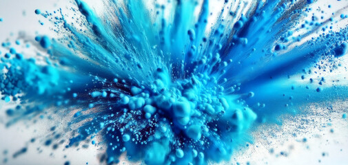 Blue cyan holi paint color powder festival explosion background. Industrial print concept background. Bright blue holi paint powder creating a festival explosion burst against a clear white background