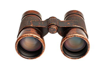 Vintage rusty binoculars with black background and detailed lens reflection, cut out