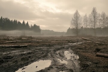 Fototapeta premium A muddy logging area surrounded by fog and forest trees