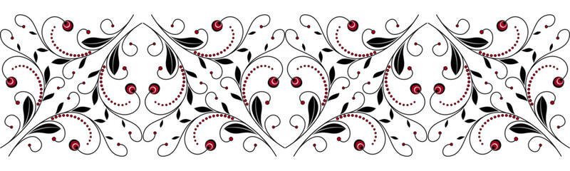 Floral ornamental seamless border in classic style. Minimalist calligraphic black red flowers. Elegant design of swirls and curved lines. Traditional plant graphic ornament