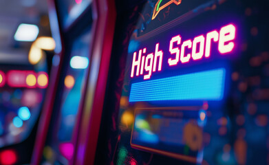 Close-up of an arcade machine's screen displaying "High Score" with neon-colored lights in the background.