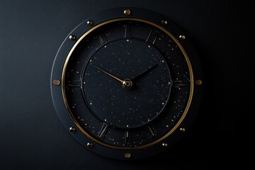 Black and gold clock on black background.