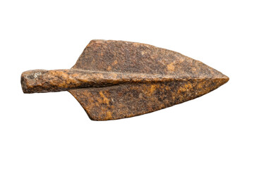 Ancient stone arrowhead with distinctive spearhead shape on black background, cut out