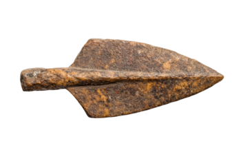 Ancient stone arrowhead with distinctive spearhead shape on black background, cut out