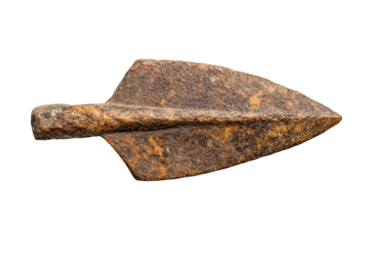 Ancient stone arrowhead with distinctive spearhead shape on black background, cut out