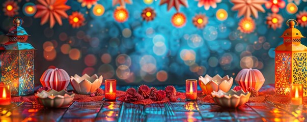 Naklejka premium Festive Diwali celebration with colorful lanterns, intricate mandalas, and glowing lights creating a vibrant atmosphere
