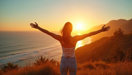 Fototapeta premium Woman with open arms, sunset, ocean view. Concept of freedom, inspiration, positive energy, success. Silhouette girl at mountain enjoying sunlight. Energy vitality, self-care, motivation.