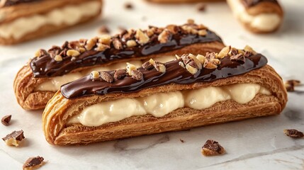 Classic French clairs filled rich vanilla custard and topped with glossy chocolate ganache