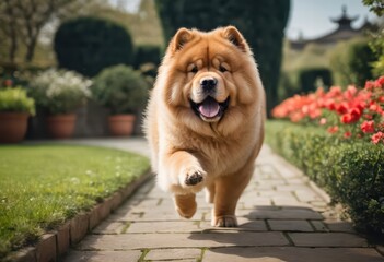 chow chow dog running in the garden of a typicall chinese house, floral and flowers, puppy dog playing outdoors in the courtyard of a private villa in china