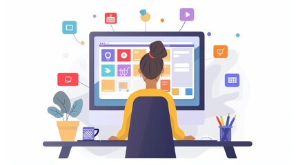 Woman Working on Computer, E-commerce and Digital Marketing Concept