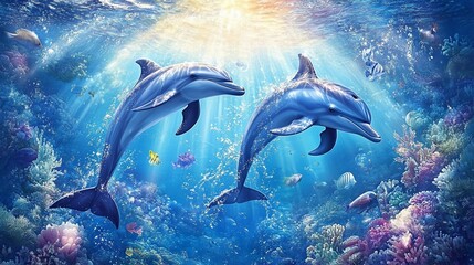Naklejka premium Enchanting Underwater Scene: Two Dolphins Swimming in a Vibrant Coral Reef