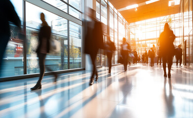 Fototapeta premium Silhouettes of people walking through a modern office building with large windows, illuminated by warm sunlight.