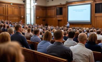 Obraz premium A large audience seated in a conference hall, attending a presentation with a speaker in front and a projector screen displaying information.