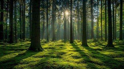 Sunbeams illuminate a lush, mossy forest floor, sunlight filtering through tall trees.