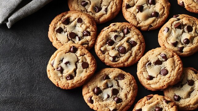 Top down view of American chocolate chip cookies freshly baked arranged on a black background for bold detail