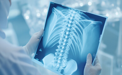 A doctor in gloves examining an X-ray image of the human spine in a medical environment.