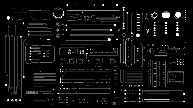 Abstract digital circuitry design featuring lines and shapes on a black background displaying technological themes