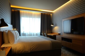 A Comfortable Hotel Bedroom Furnished With Modern Decor and Amenities