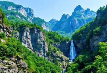 Majestic mountain waterfall cascading down rocky cliffs, lush green foliage, powerful, stream