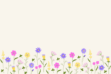 Flowered vector banner for text. Spring card with tiny blooming field flowers for congratulation, Happy Mother's Day, spring holiday, birthday. For postcards, printing products, print, paper, web
