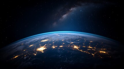 Stunning Night View of Earth from Space Showing City Lights and Milky Way