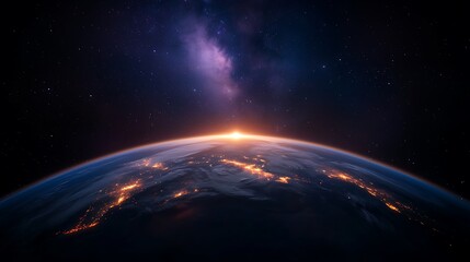 Fototapeta premium Stunning Night View of Earth from Space Showing City Lights and Sunrise