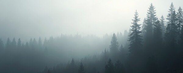 Fototapeta premium Misty forest illustration with trees in background. Foggy sky, scenic nature landscape. Peaceful, serene environment. Winter, cold foggy morning. Travel, hiking, tour. Calm scenery, beautiful view.