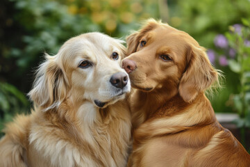 Two golden retrievers showing affection in a green garden
