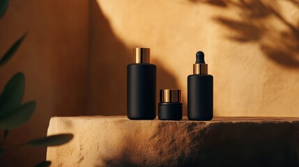 Elegant black cosmetic bottles arranged on a stone surface with warm golden lighting and shadows